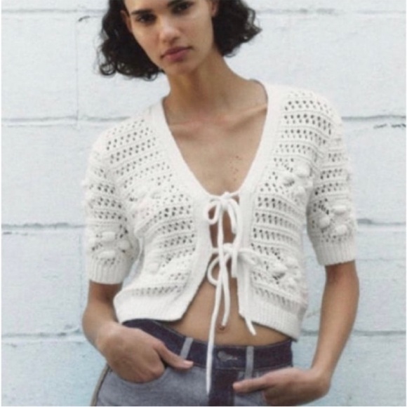 Zara Textured Crochet Knit Cardigan Sz M - Picture 1 of 7